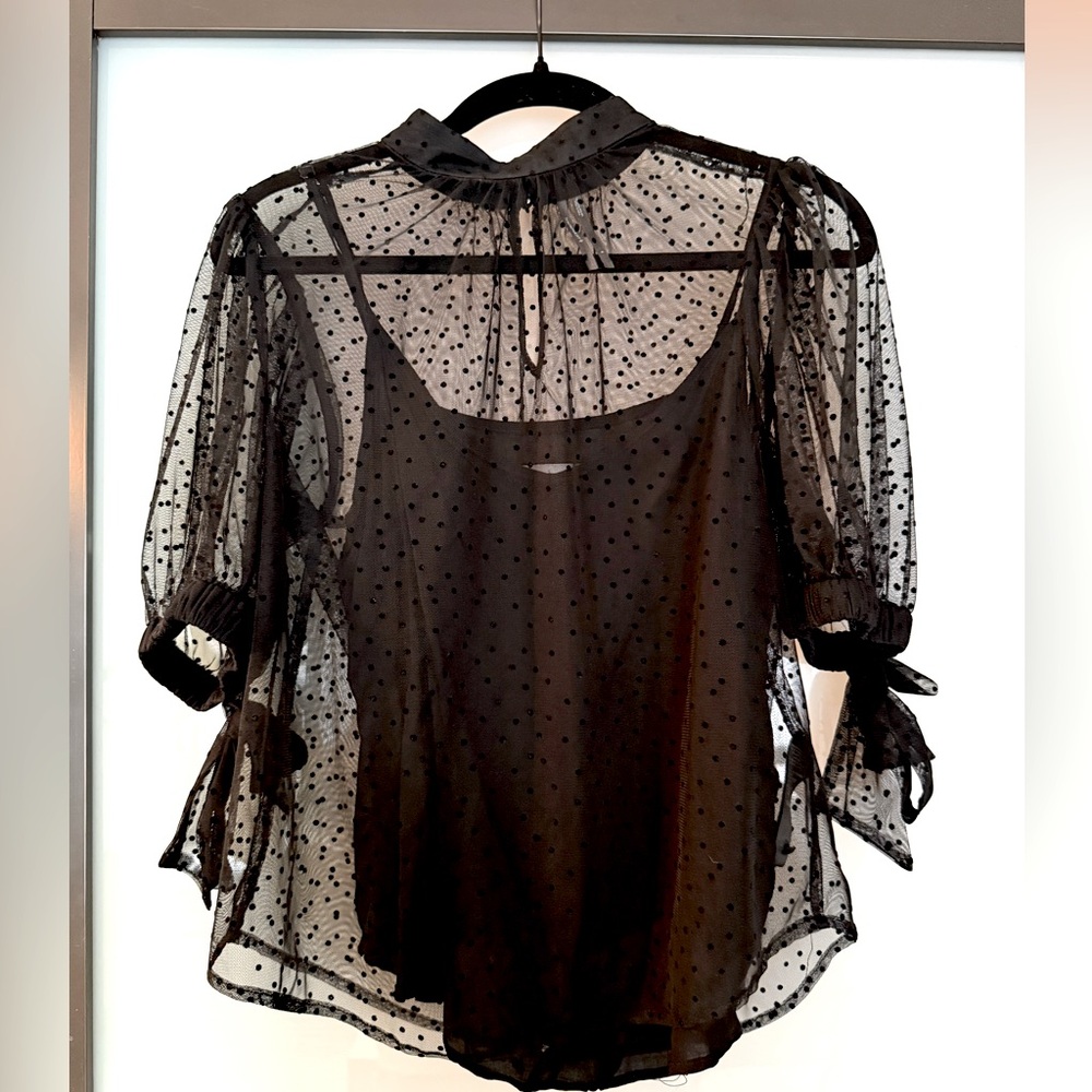 Anthropologie Black Sheer Polka Dot Tie-Sleeve Top size S